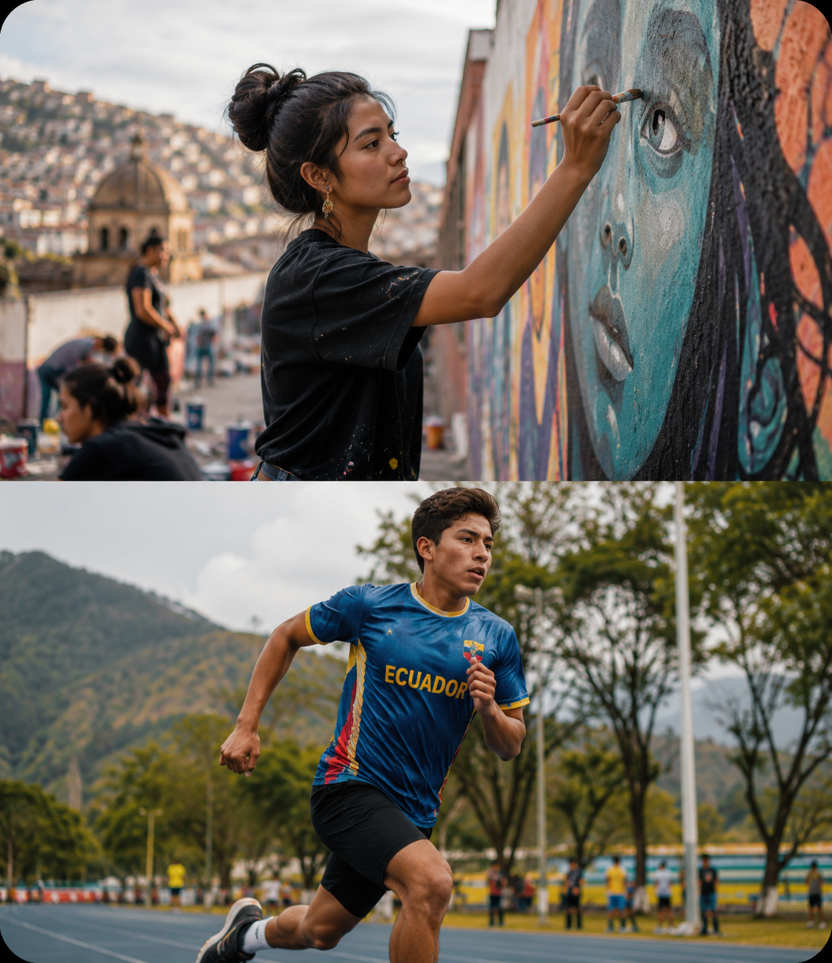 Jóvenes ecuatorianos en actividades artísticas y deportivas