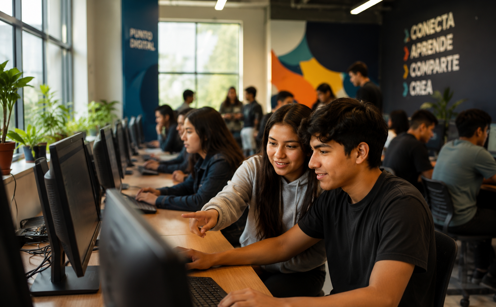 Jóvenes ecuatorianos usando computadoras en un Punto Digital