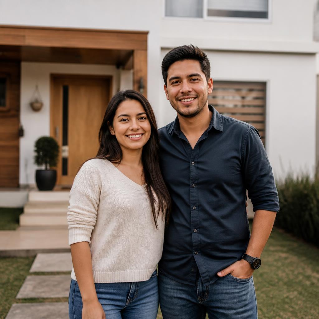 Joven pareja ecuatoriana frente a su primera vivienda